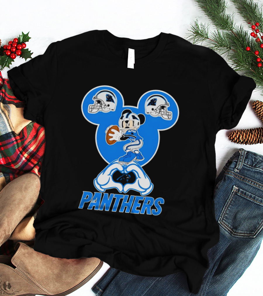Panthers Mickey Mouse Football Love Heart Hands T-Shirt