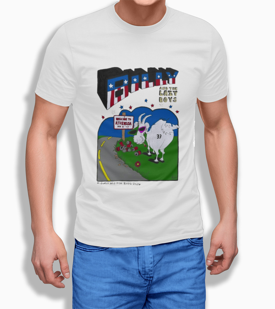 Billy And The Lazy Boys Athens GA Goat With Sunglasses Number 33 Welcome To Athens Sign T-Shirt