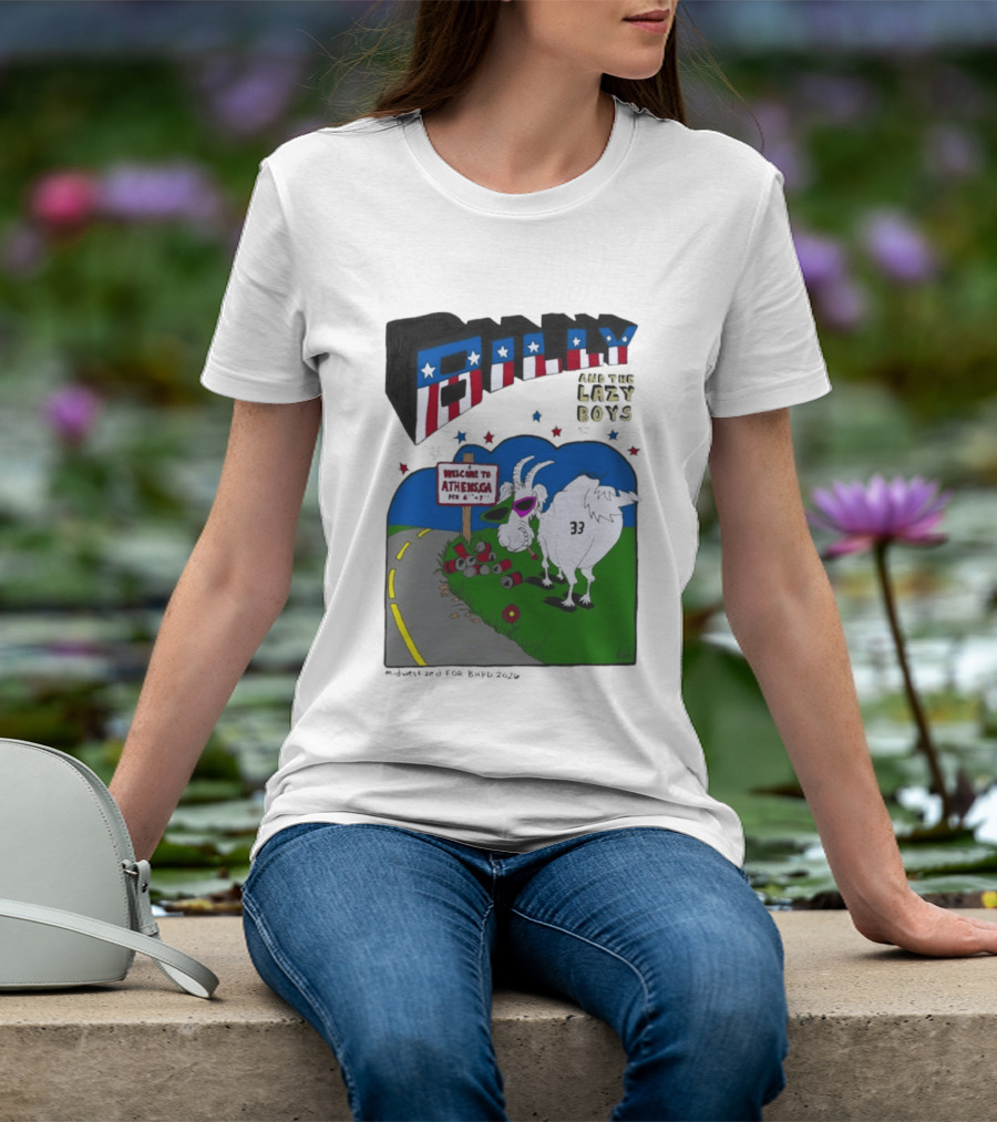 Billy And The Lazy Boys Athens GA Goat With Sunglasses Number 33 Welcome To Athens Sign T-Shirt