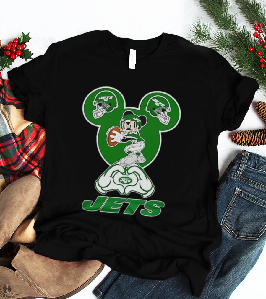New York Jets Mickey Mouse Football Heart Hands T-Shirt