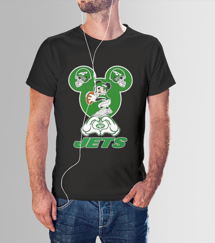 New York Jets Mickey Mouse Football Heart Hands T-Shirt