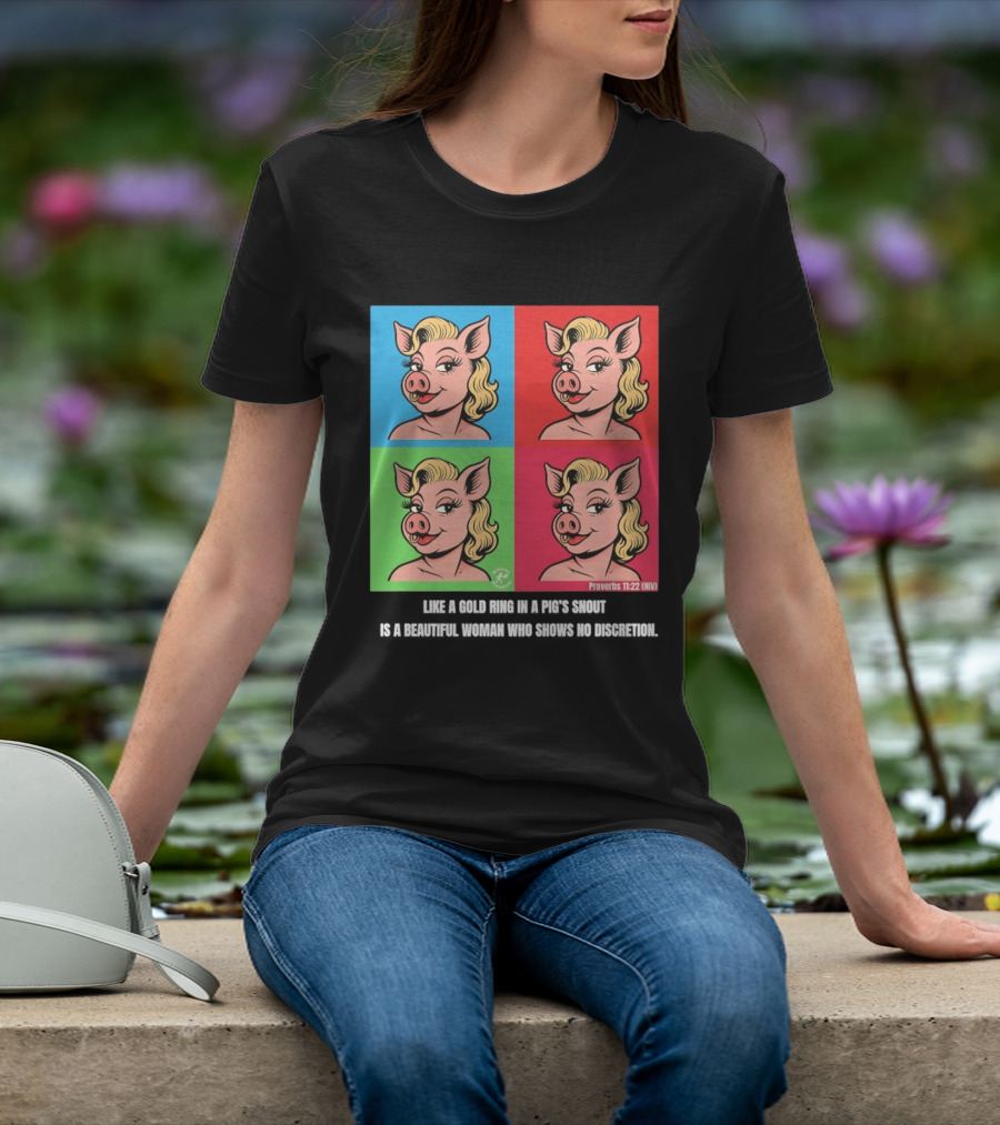 Proverbs 11:22 NIV Pig Pop Art Style Blonde Pig Panels T-Shirt