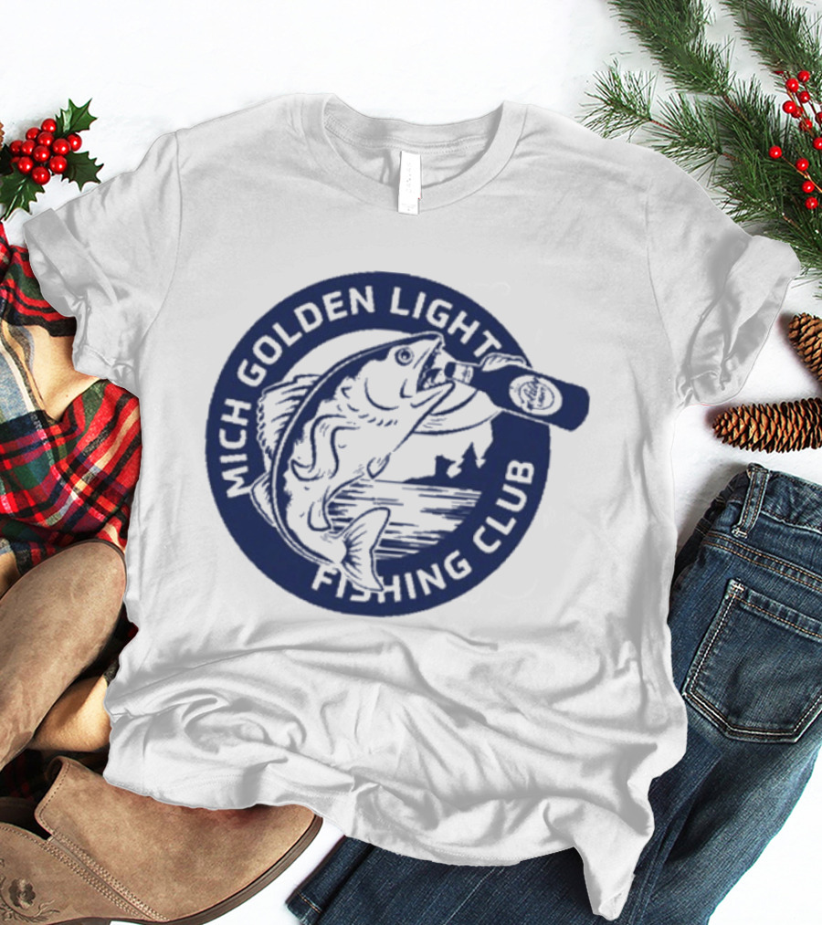 Mich Golden Light Fishing Club Logo With Fish And Bottle T-Shirt