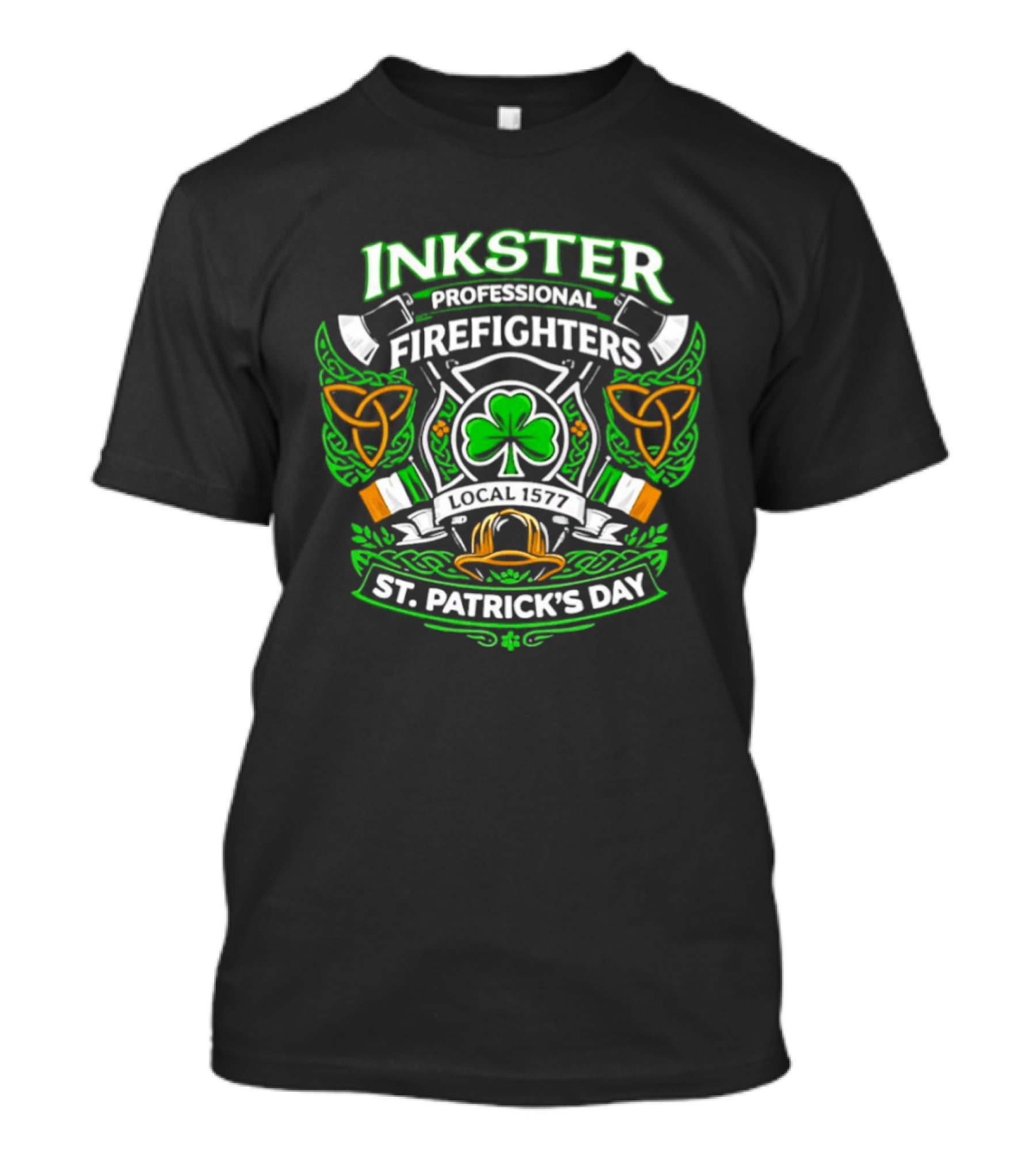 Inkster Professional Firefighters 2026 St Patrick's Day Clover And Fire Helmet Irish Flag T-Shirt
