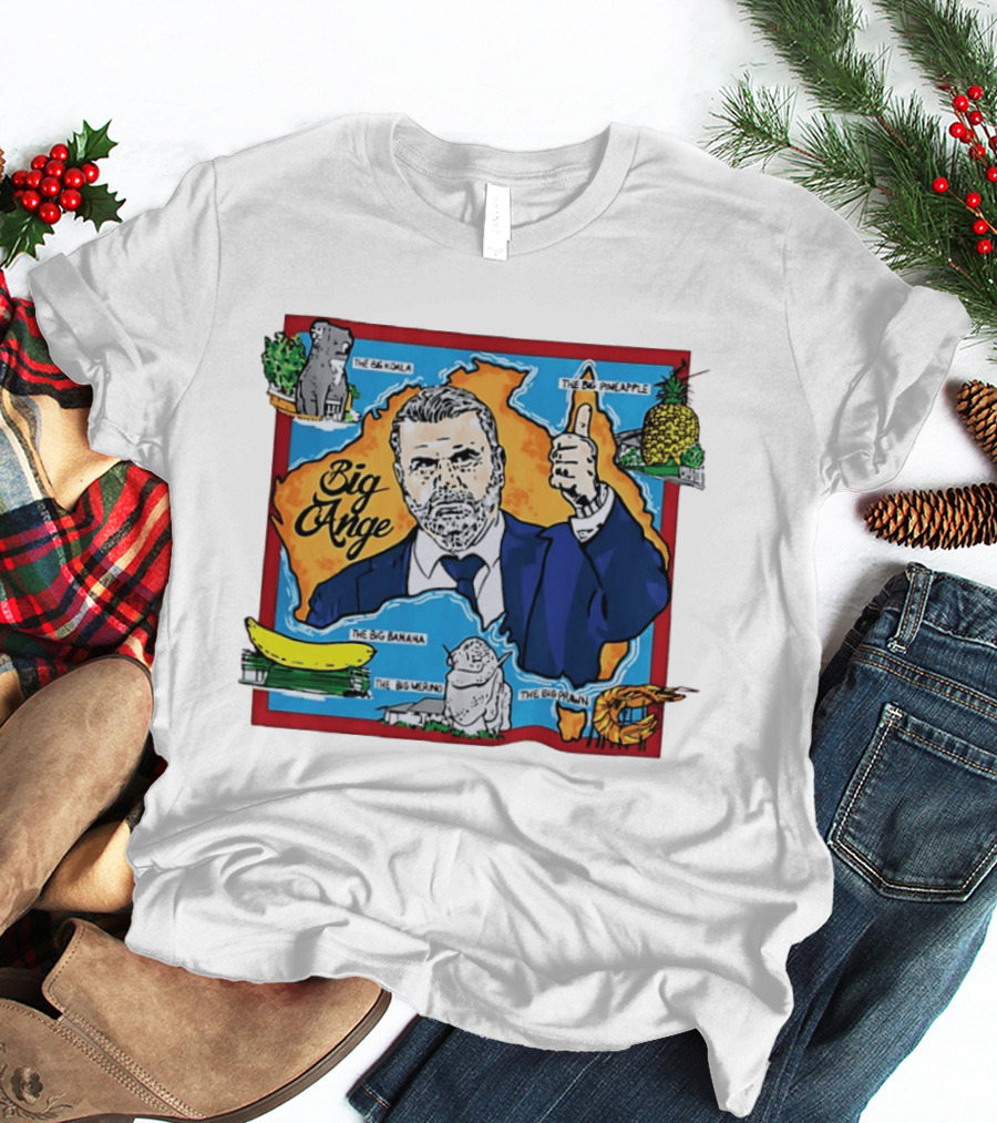 Big Ange Cartoon Australia Map With Koala Pineapple Banana Merino Prawn T-Shirt