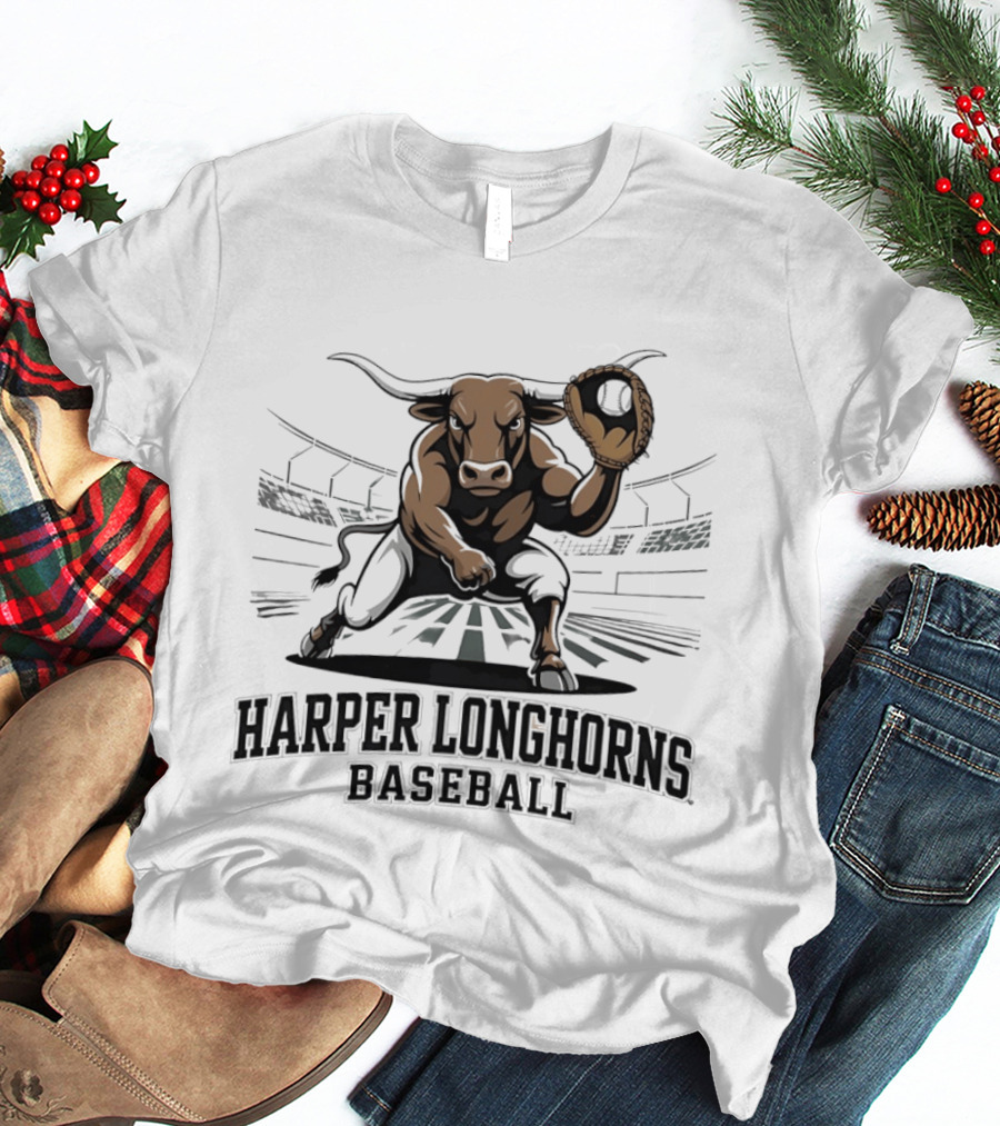 Harper Longhorns Baseball Fierce Bull Mascot Stadium Scene T-Shirt