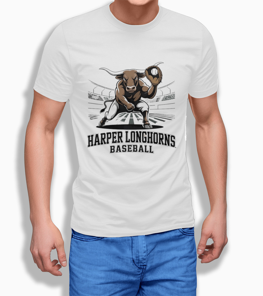Harper Longhorns Baseball Fierce Bull Mascot Stadium Scene T-Shirt