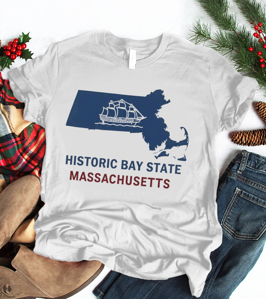 Historic Bay State Massachusetts Map With Sailing Ship T-Shirt