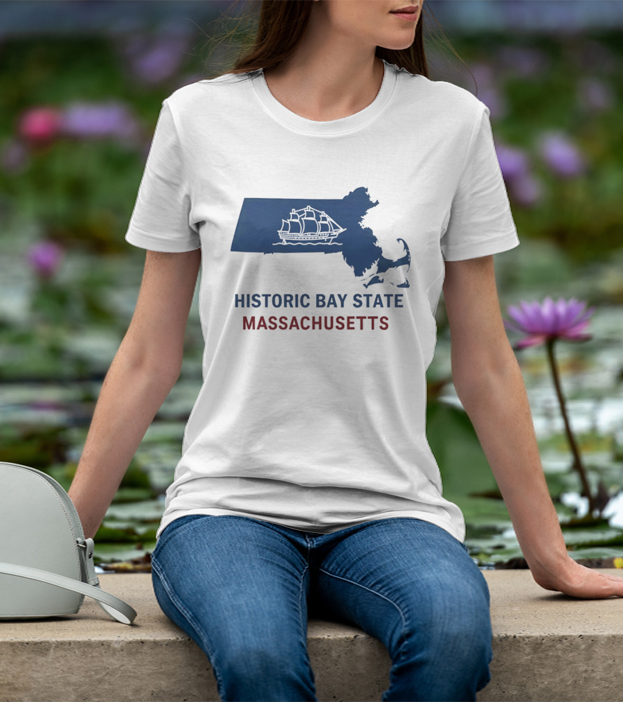 Historic Bay State Massachusetts Map With Sailing Ship T-Shirt