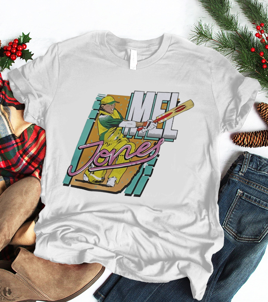 Mel Jones Cricket Caricature Batting Legend In Green And Gold T-Shirt