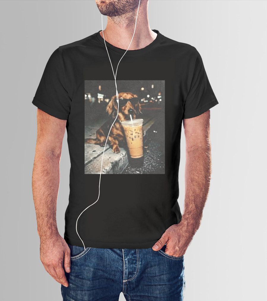 Dachshund Enjoying Iced Coffee With Sunglasses T-Shirt