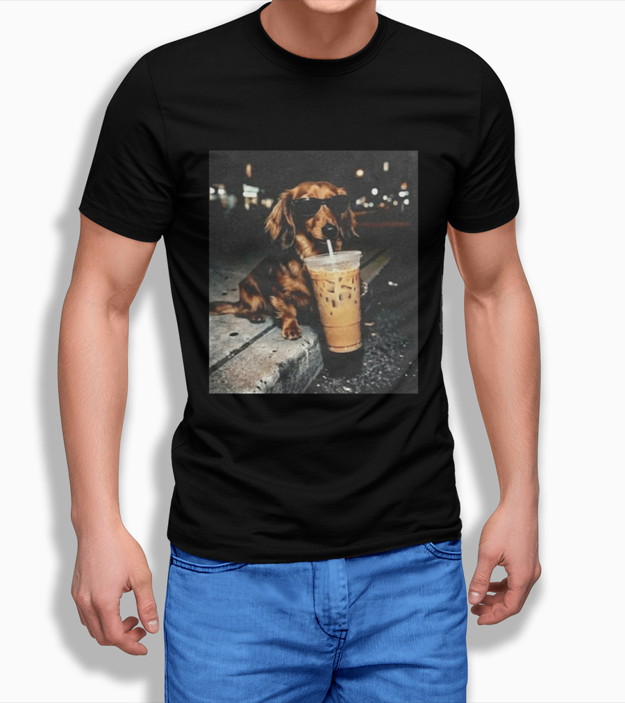 Dachshund Enjoying Iced Coffee With Sunglasses T-Shirt