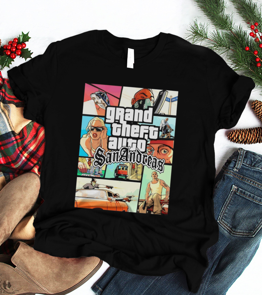 Grand Theft Auto San Andreas Art Collage Characters Scenes T-Shirt