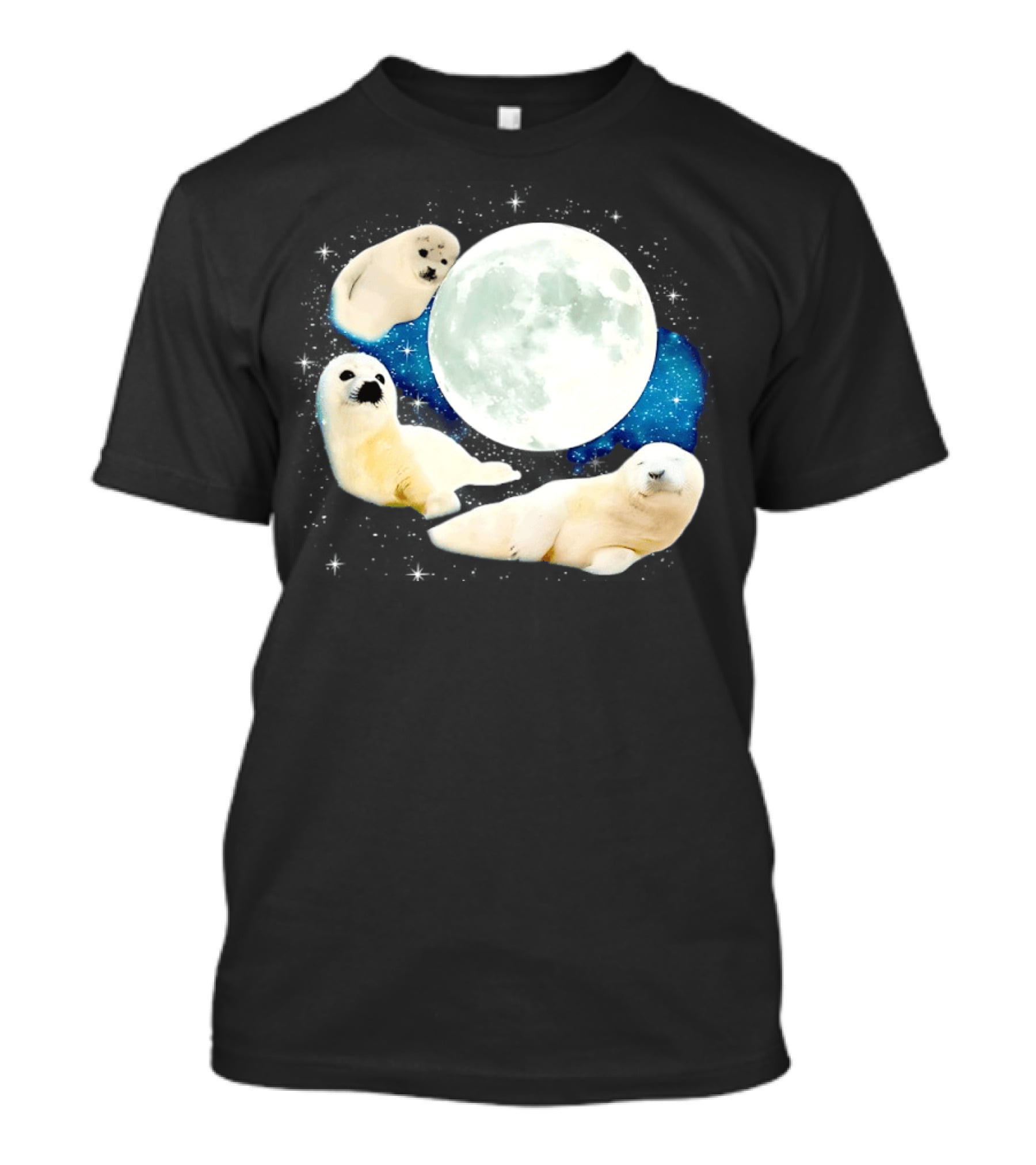 Adorable Seals Playfully Resting Under A Radiant Full Moonlit Sky With Cosmic Backdrop T-Shirt