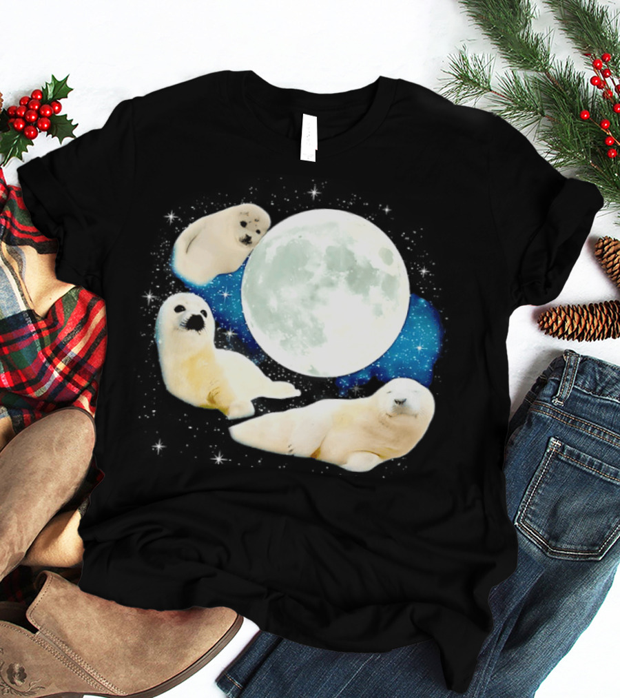 Adorable Seals Playfully Resting Under A Radiant Full Moonlit Sky With Cosmic Backdrop T-Shirt