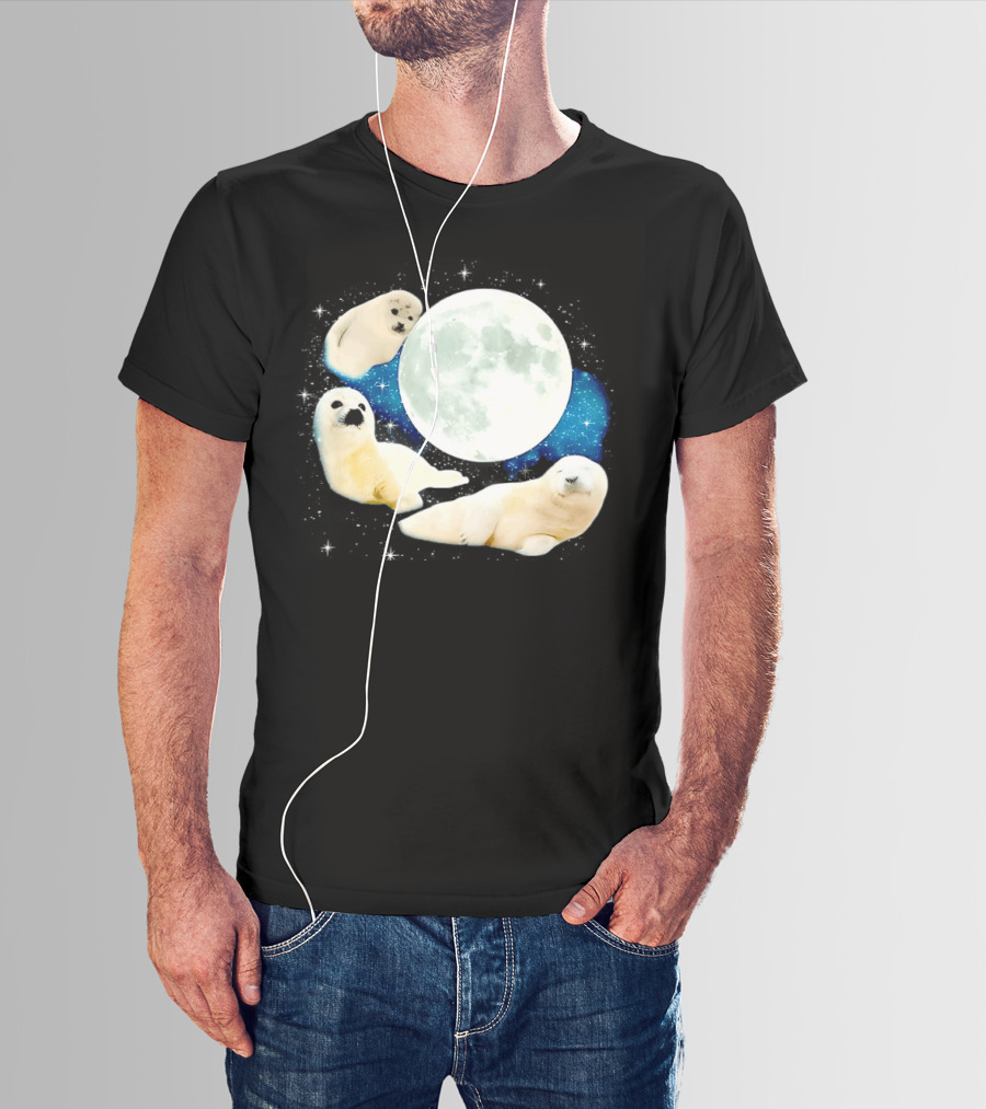 Adorable Seals Playfully Resting Under A Radiant Full Moonlit Sky With Cosmic Backdrop T-Shirt