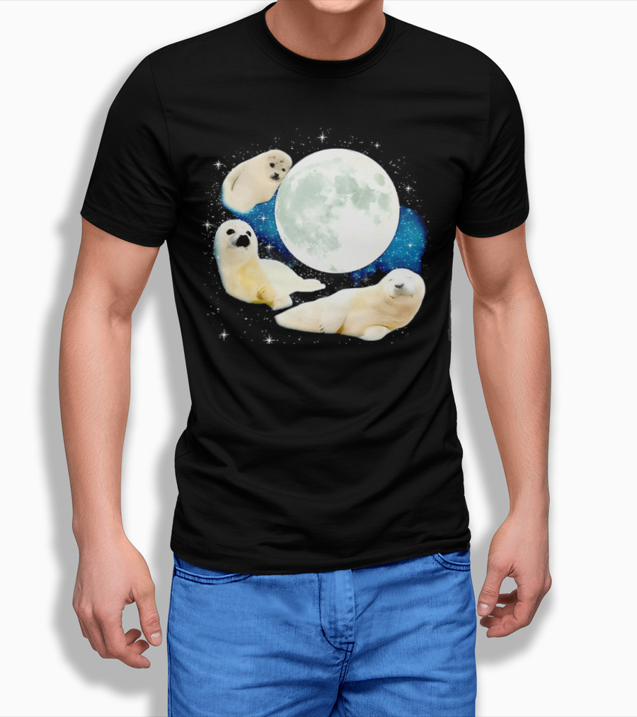 Adorable Seals Playfully Resting Under A Radiant Full Moonlit Sky With Cosmic Backdrop T-Shirt
