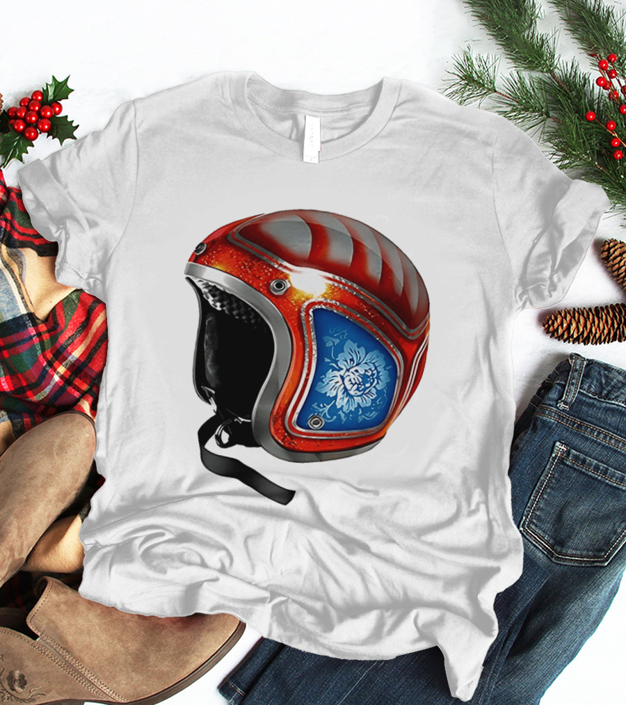 Blue Bloom Racer Helmet Red White Stripes Floral Blossom T-Shirt