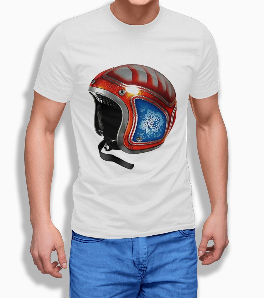 Blue Bloom Racer Helmet Red White Stripes Floral Blossom T-Shirt