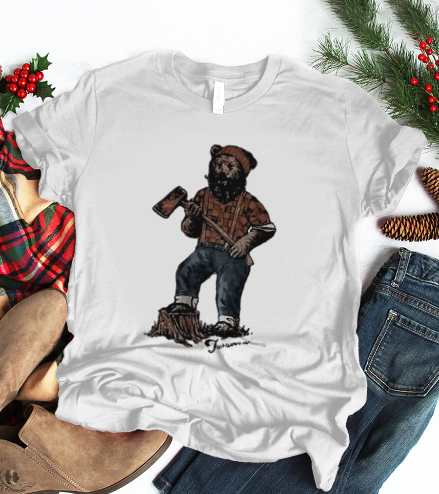 Lumberjack Bear Holding Axe Plaid Denim Jeans Beanie T-Shirt