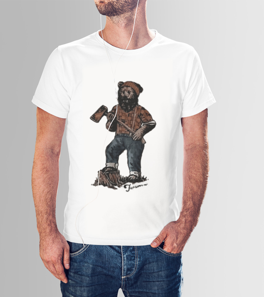 Lumberjack Bear Holding Axe Plaid Denim Jeans Beanie T-Shirt