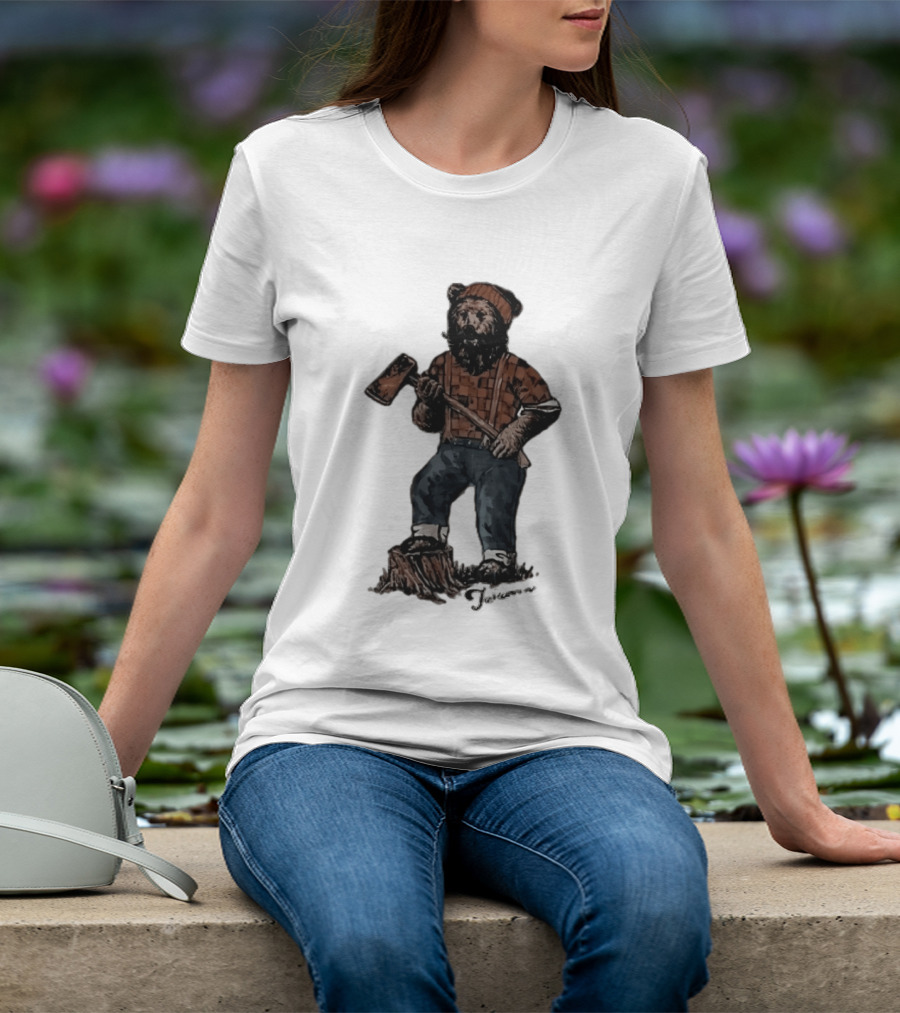 Lumberjack Bear Holding Axe Plaid Denim Jeans Beanie T-Shirt