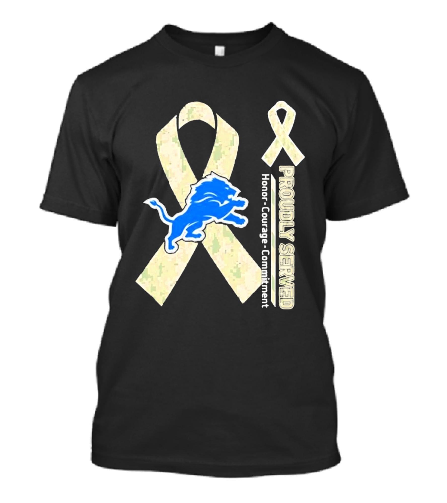 Detroit Lions Camo Ribbon Proudly Served Honor Courage Commitment T-Shirt
