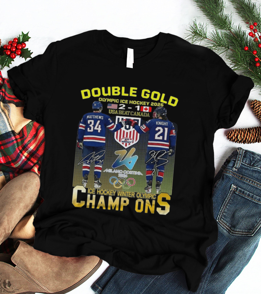 Double Gold Ice Hockey Winter Olympic Champions USA 2 1 Canada Matthews Knight 2026 Milano Cortina T-Shirt