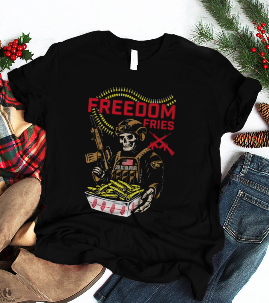 Freedom Fries Military Skeleton With USA Flag And Rifle T-Shirt