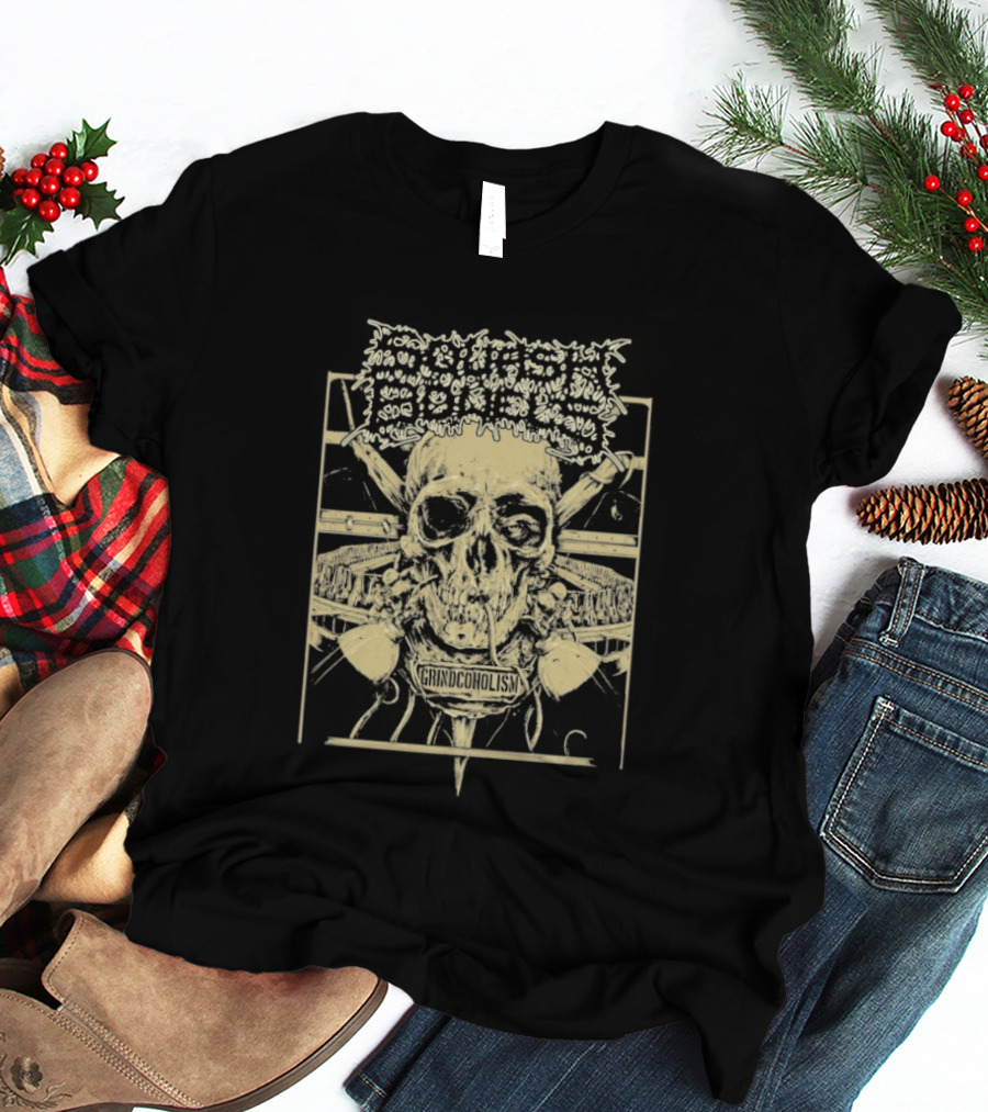 Squash Bowels Grindcoholism Skull With Crossbones And Spine T-Shirt