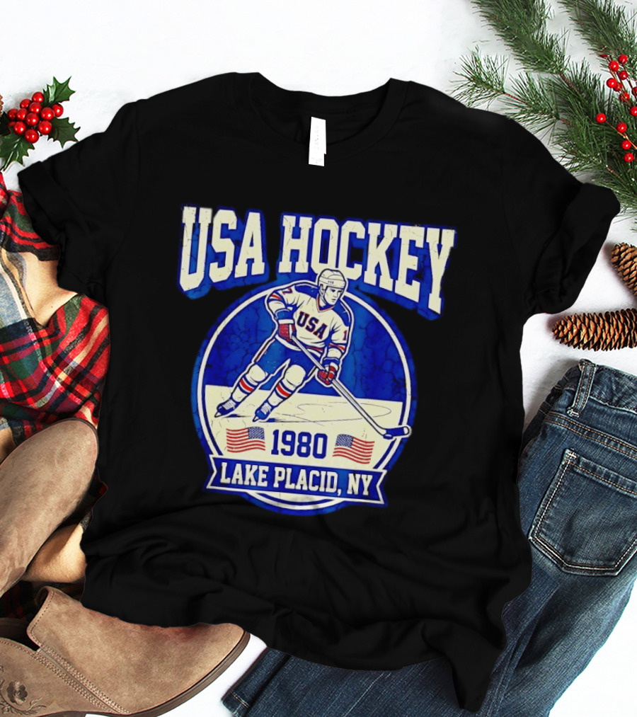 USA Hockey 1980 Lake Placid NY American Flag Ice Skater T-Shirt