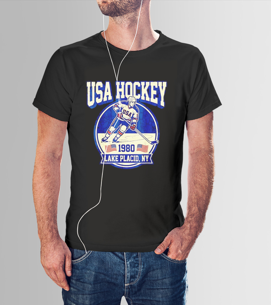 USA Hockey 1980 Lake Placid NY American Flag Ice Skater T-Shirt