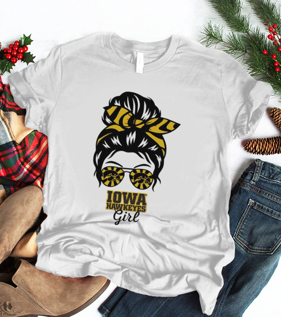 Iowa Hawkeyes Girl Sunglasses Messy Bun Headband T-Shirt