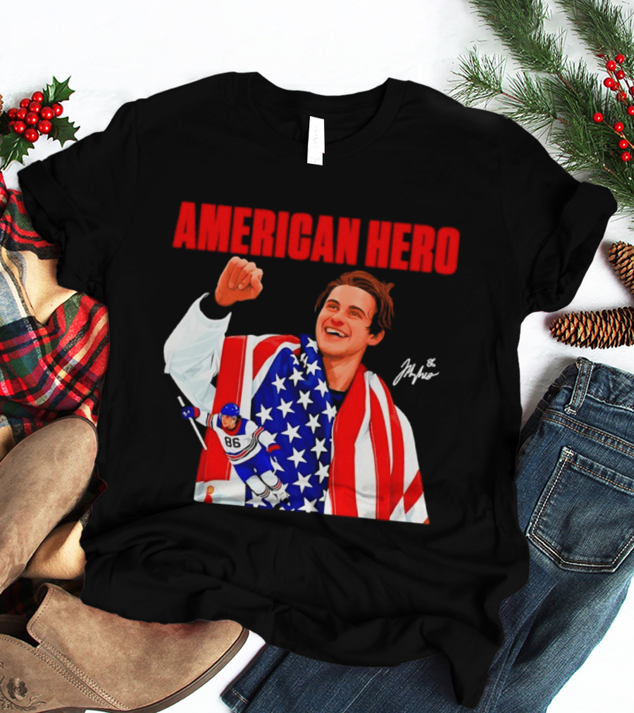 American Hero Jack Hughes USA Flag Hockey T-Shirt