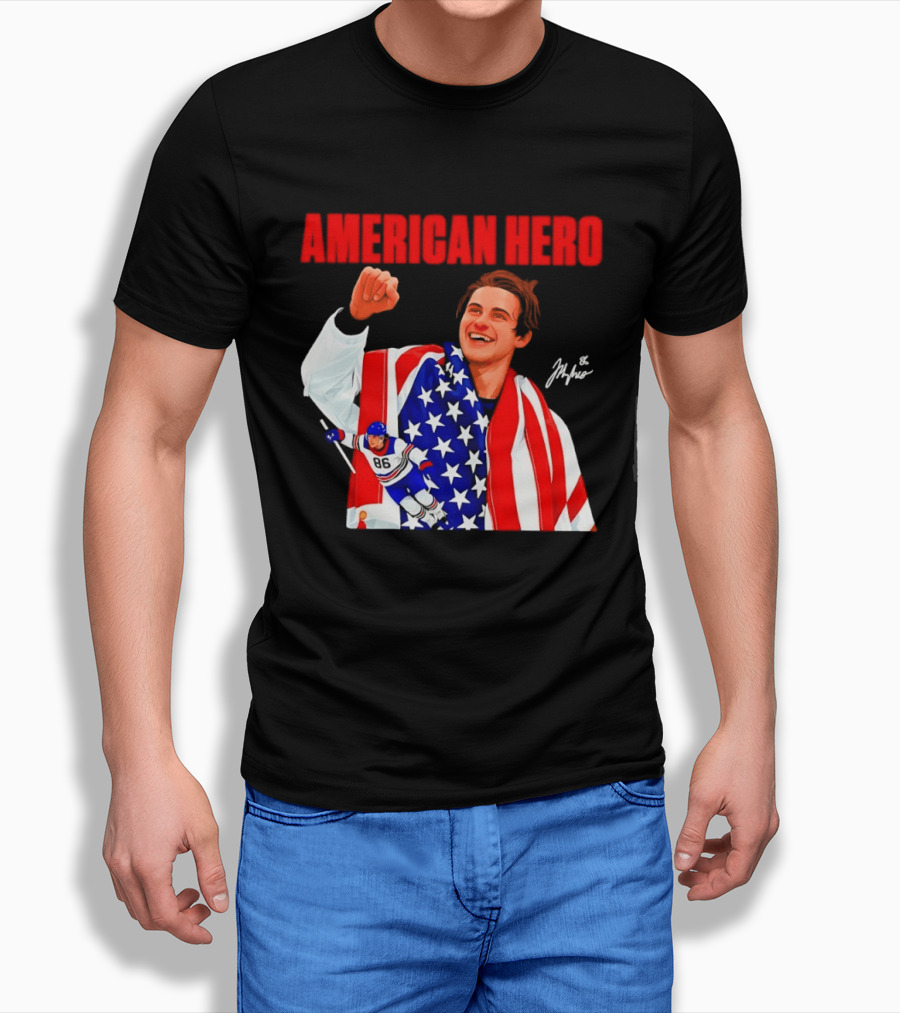 American Hero Jack Hughes USA Flag Hockey T-Shirt