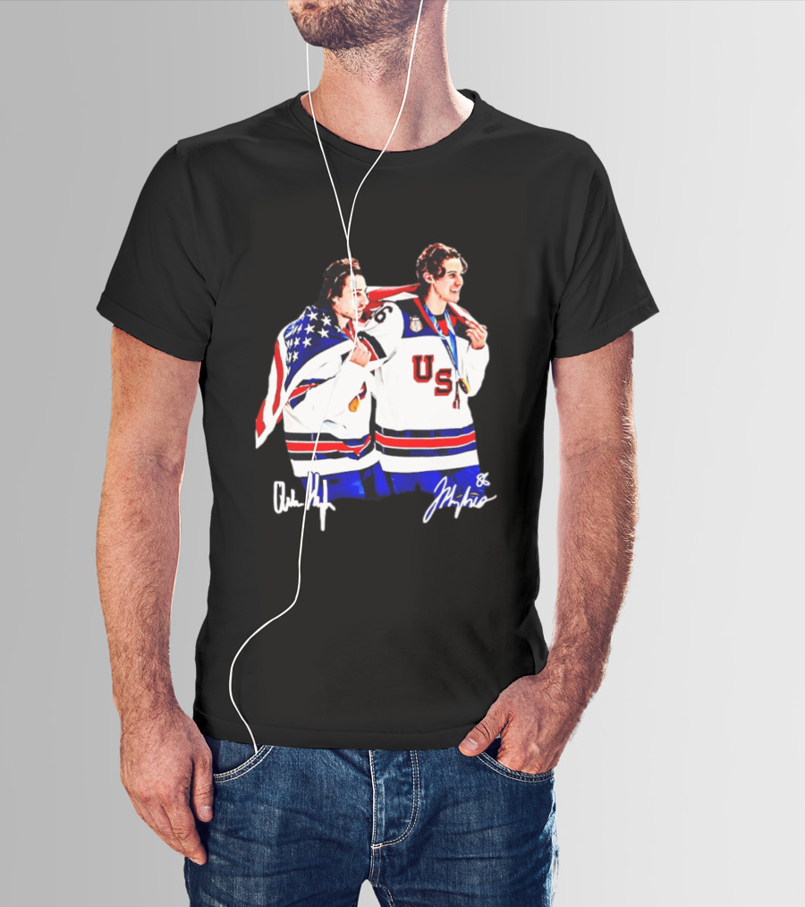 USA Hockey Golden Jack Hughes Jack Quinn American Flag Celebration T-Shirt
