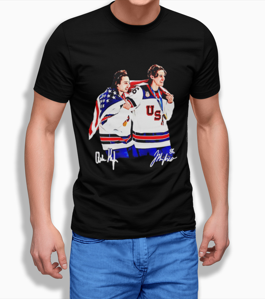 USA Hockey Golden Jack Hughes Jack Quinn American Flag Celebration T-Shirt