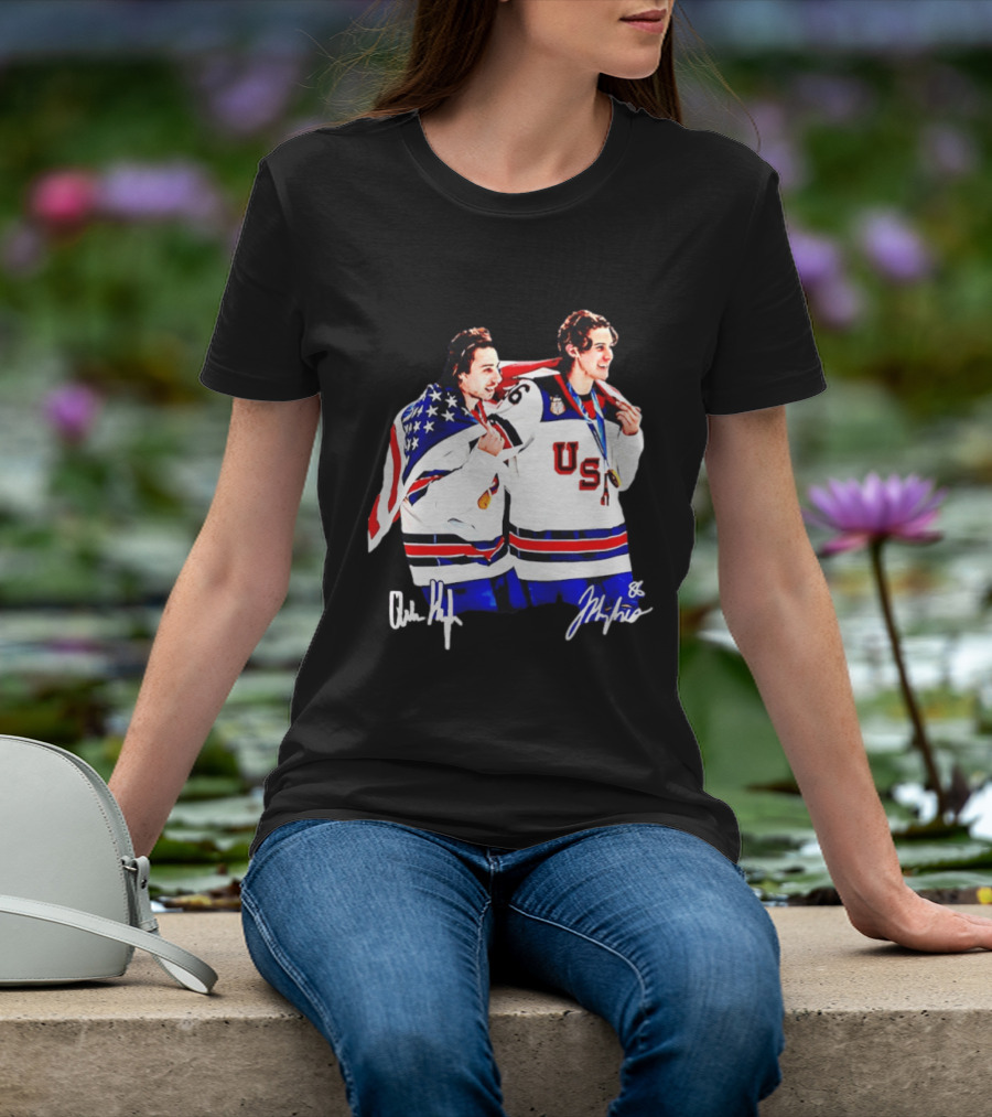 USA Hockey Golden Jack Hughes Jack Quinn American Flag Celebration T-Shirt