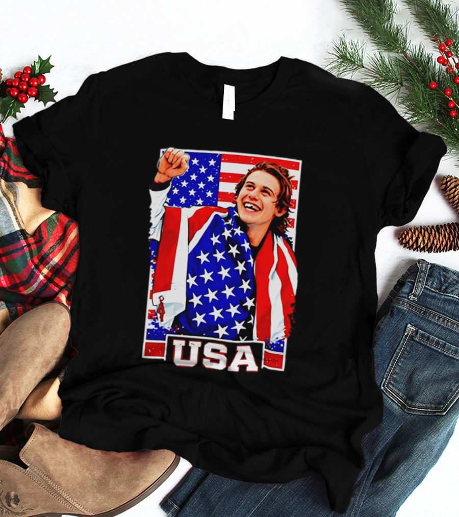 USA Flag Jack Hughes Olympic Hockey 2026 Golden Goal Celebration T-Shirt