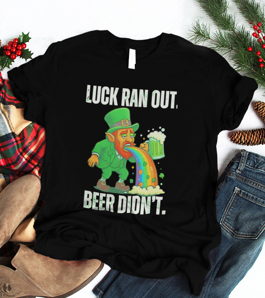 Leprechaun Drinking Beer Vomiting Rainbow Luck Ran Out St. Patrick's Day T-Shirt