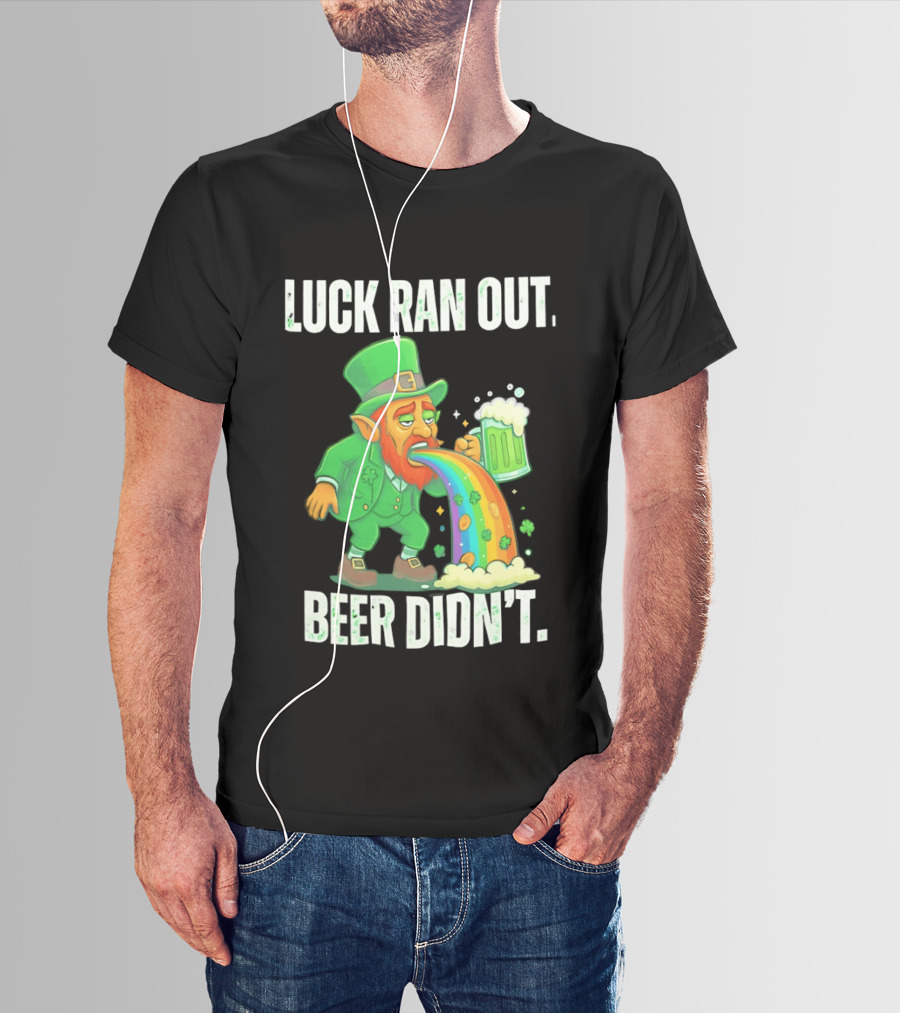 Leprechaun Drinking Beer Vomiting Rainbow Luck Ran Out St. Patrick's Day T-Shirt