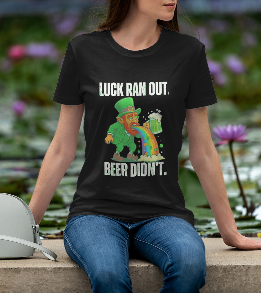 Leprechaun Drinking Beer Vomiting Rainbow Luck Ran Out St. Patrick's Day T-Shirt