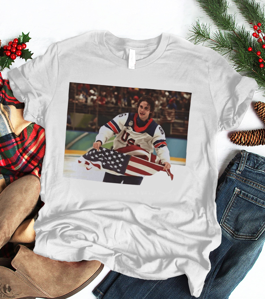 USA Hockey Jack Hughes American Flag Celebration T-Shirt