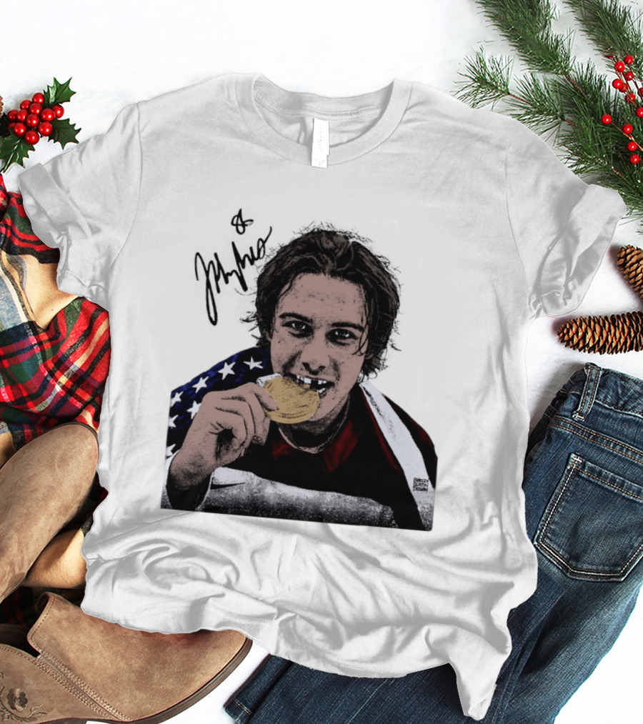 USA Hockey Jack Hughes Gold Medal Bite American Flag T-Shirt