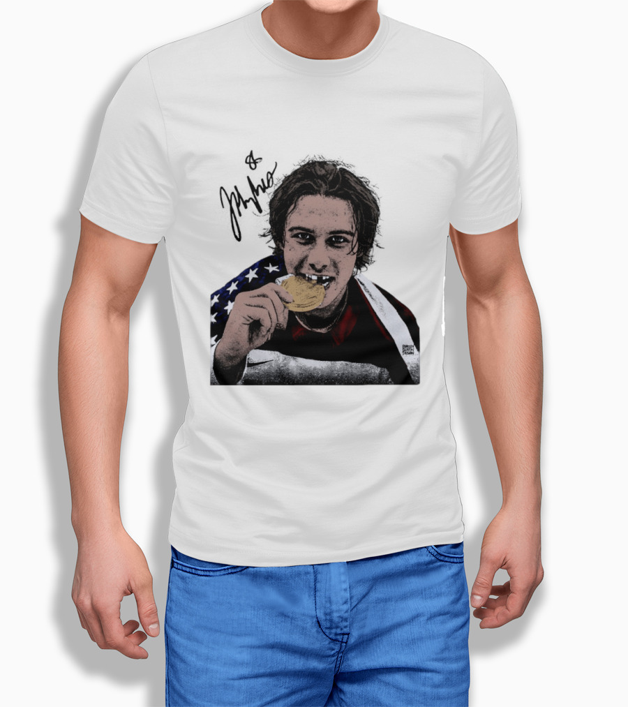 USA Hockey Jack Hughes Gold Medal Bite American Flag T-Shirt