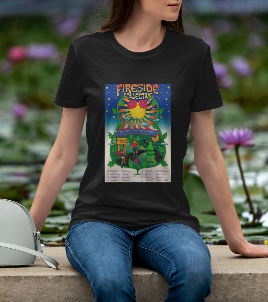 Fireside Collective Spring Tour 2026 Vibrant Cycling Adventure In Scenic Nature Landscape With Sunburst And Stars T-Shirt