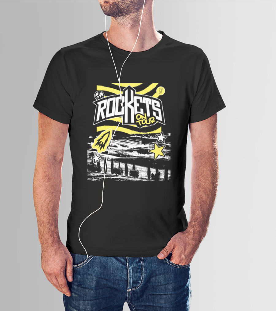 Rockets On Tour Yellow Stars Rocketship Waves Planet T-Shirt