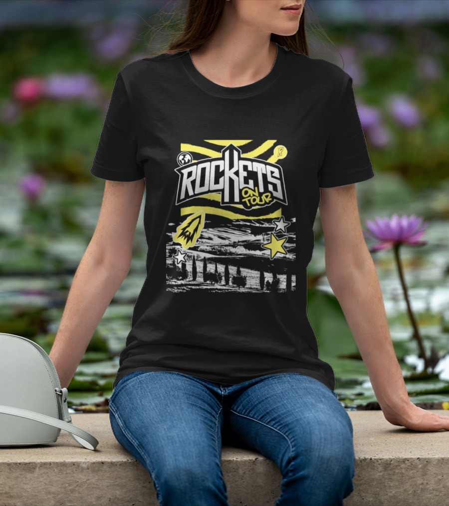 Rockets On Tour Yellow Stars Rocketship Waves Planet T-Shirt