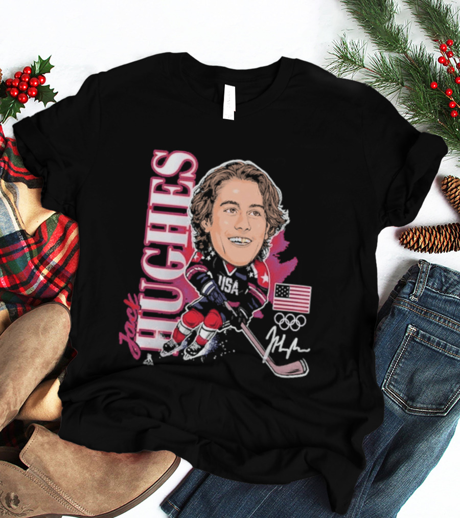 USA Hockey Jack Hughes Olympic Gold Medal Caricature With American Flag And Signature T-Shirt