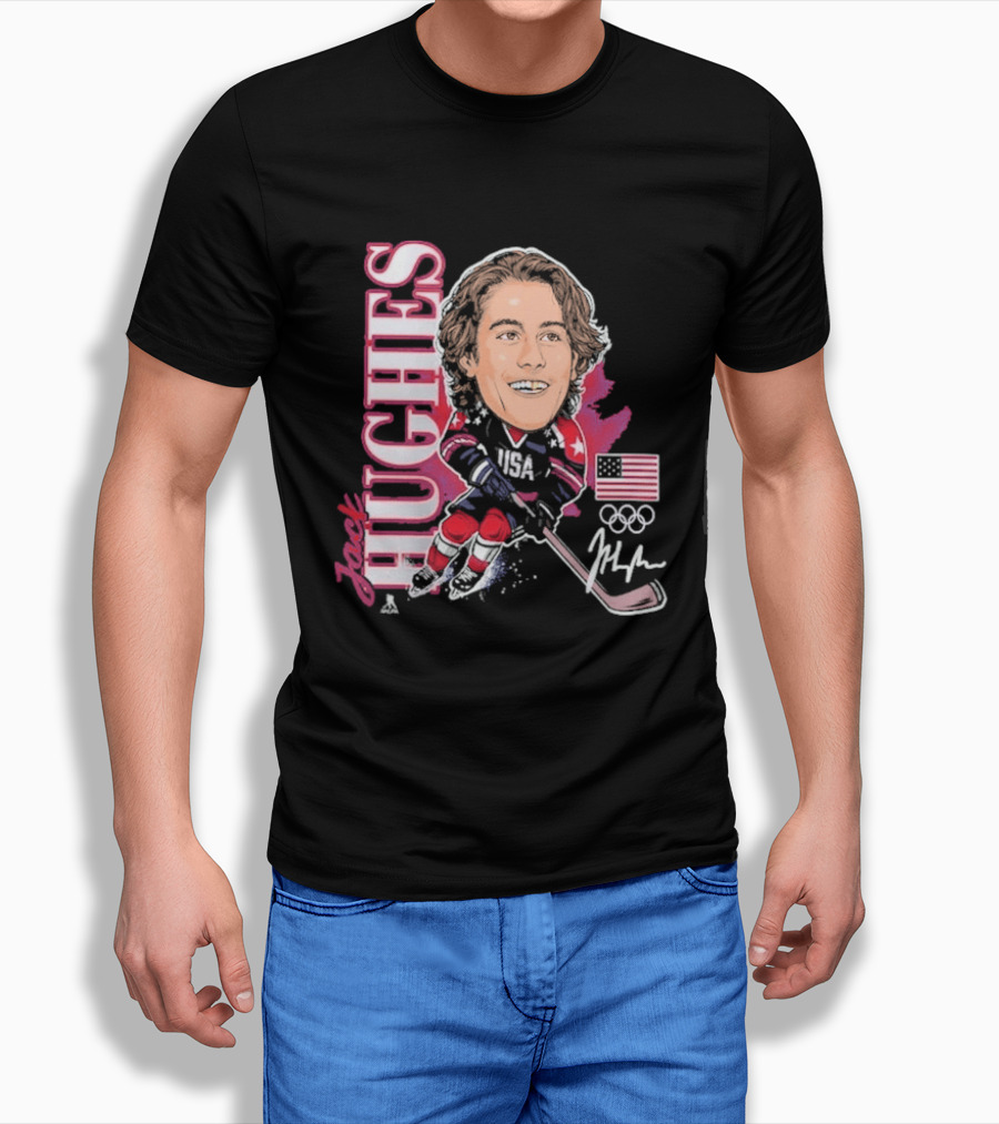 USA Hockey Jack Hughes Olympic Gold Medal Caricature With American Flag And Signature T-Shirt